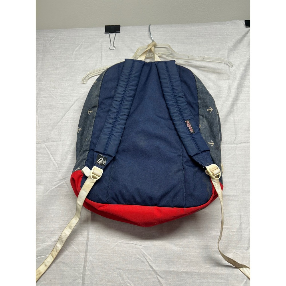 JanSport Anchor Print Backpack Navy Blue Red Denim Canvas School Bag T64Q - Picture 2 of 4